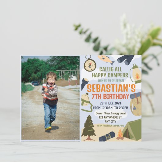 Camping Verjaardagsfeest Moderne kinder uitnodigin Kaart (Staand voorkant)