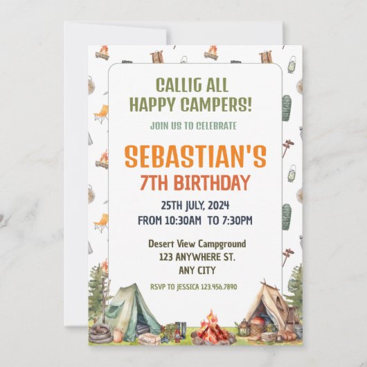Camping Verjaardagsfeest Moderne kinder uitnodigin Kaart (Voorkant)