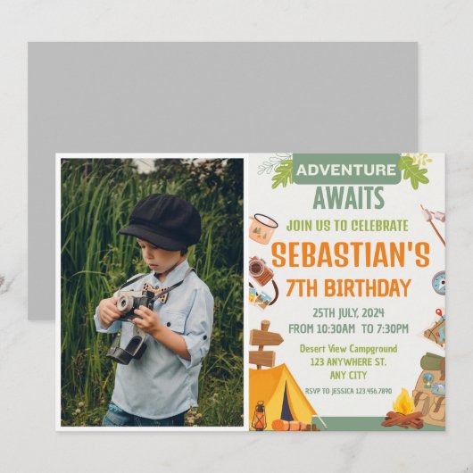 Camping Verjaardagsfeest Moderne kinder uitnodigin Kaart (Voorkant / Achterkant)