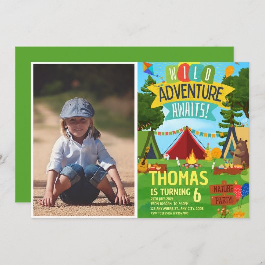 Camping Verjaardagsfeest Moderne kinder uitnodigin Kaart (Voorkant / Achterkant)