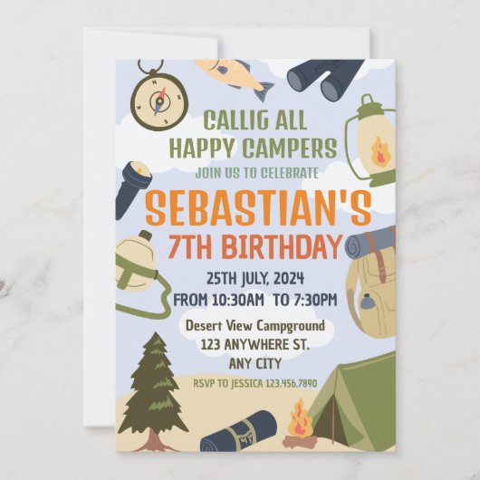 Camping Verjaardagsfeest Moderne kinder uitnodigin Kaart (Voorkant)