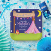 Camping Verjaardagsfeest Sleepover roze en paarse Papieren Bordje (Feest)