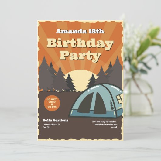 Camping Verjaardagsfeest Uitnodiging (Staand voorkant)
