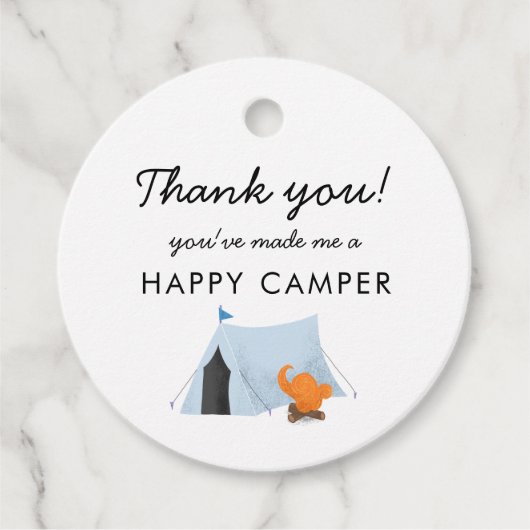 Camping Verjaardagsfeestje Blauwe Tent Happy Campe Bedankjes Labels (Voorkant)