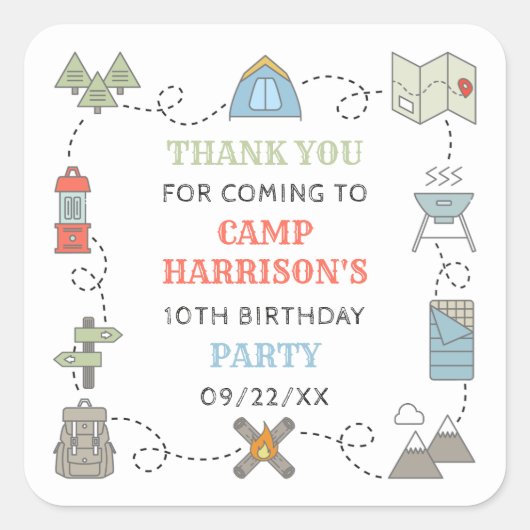 Camping Verjaardagsfeestje Dank u Vierkante Sticker (Voorkant)