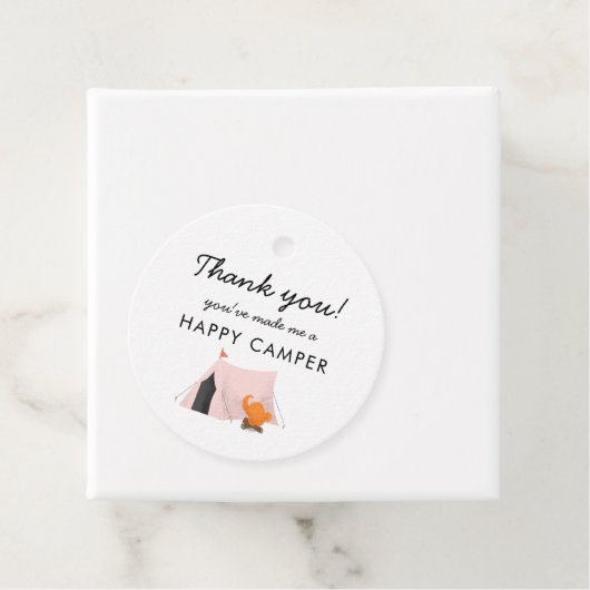 Camping Verjaardagsfeestje Roze Tent Happy Camper Bedankjes Labels (In situ)