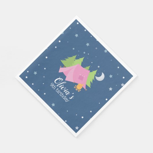 Camping verjaardagsfeestje servetten roze tent (Hoek)