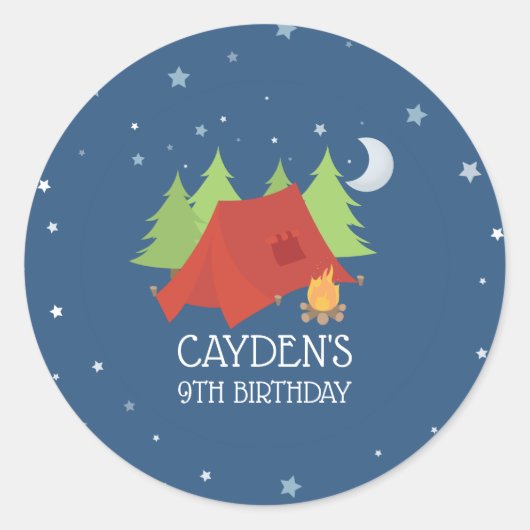 Camping verjaardagsfeeststicker ronde sticker (Voorkant)