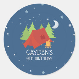 Camping verjaardagsfeeststicker ronde sticker