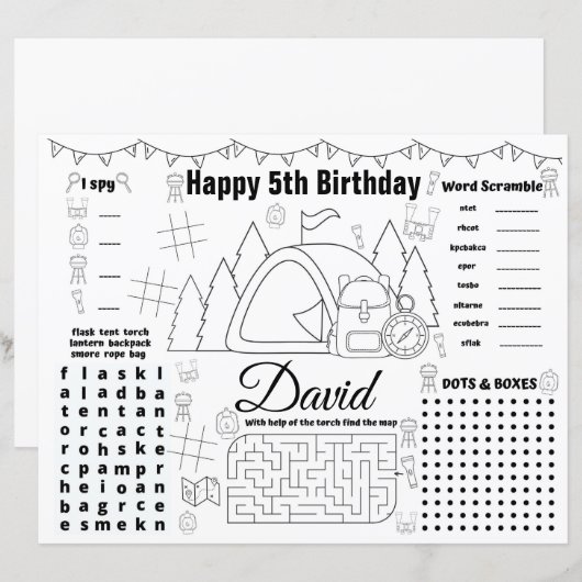 Camping verjaardagsplaatsen, Camping activity shee (Voorkant / Achterkant)