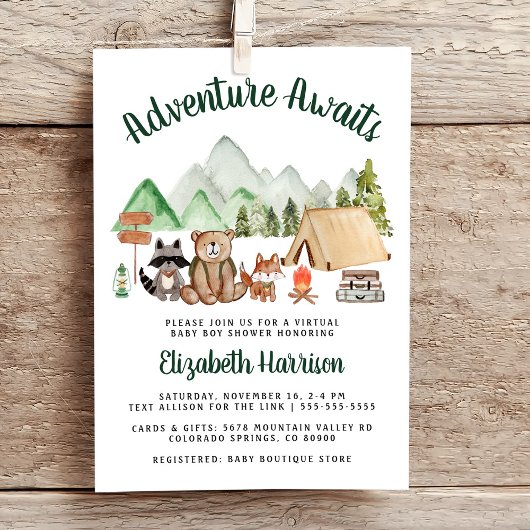 Camping Woodland Animals Virtual Baby shower Kaart