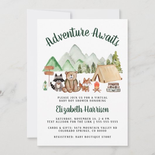 Camping Woodland Animals Virtual Baby shower Kaart (Voorkant)