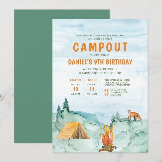 Camping Woodland Waterverf Tent Campout Birthday Kaart (Voorkant / Achterkant)