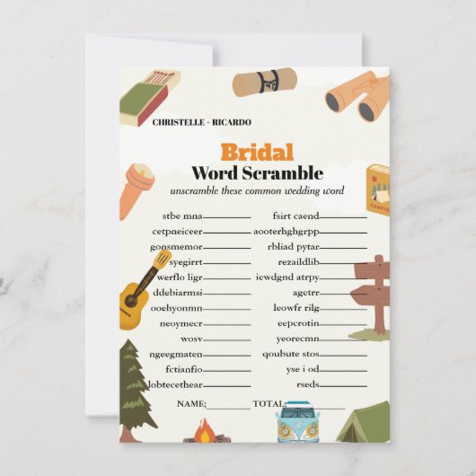 Camping woord scramble vrijgezellenfeest spel kaar kaart (Voorkant)