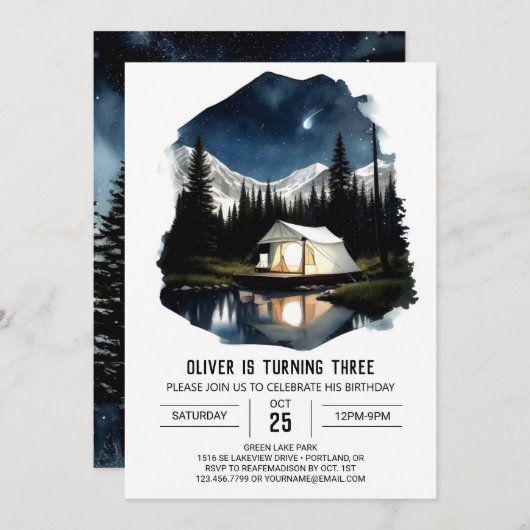 Campout in de bergen Verjaardagsuitnodiging Kaart (Voorkant / Achterkant)
