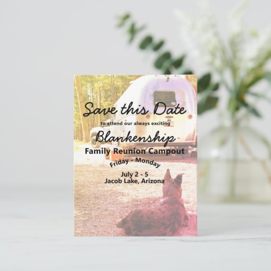 Campout reünie viering Save the Date Sjabloon (Staand voorkant)