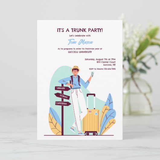 Campus Arrival Trunk Party Uitnodiging (Staand voorkant)