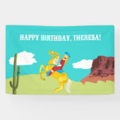 Campy Western cowgirl op paard aangepaste verjaard Spandoek (Horizontaal)