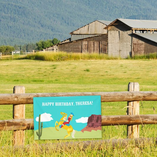 Campy Western cowgirl op paard aangepaste verjaard Spandoek