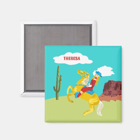 Campy Western cowgirl op paard gepersonaliseerd Magneet (Voorkant / Achterkant)