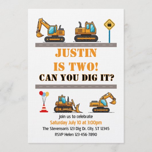 Can You Dig It, Construction 2nd Birthday Kaart (Voorkant)