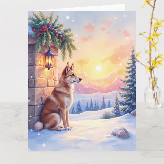 Canaan Dog Desert Stone Winter Christmas Art Kaart (Gele Bloem)