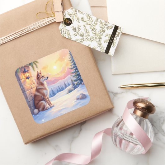 Canaan Dog Desert Stone Winter Christmas Art Vierkante Sticker (Geschenken)