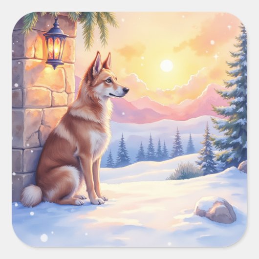 Canaan Dog Desert Stone Winter Christmas Art Vierkante Sticker (Voorkant)