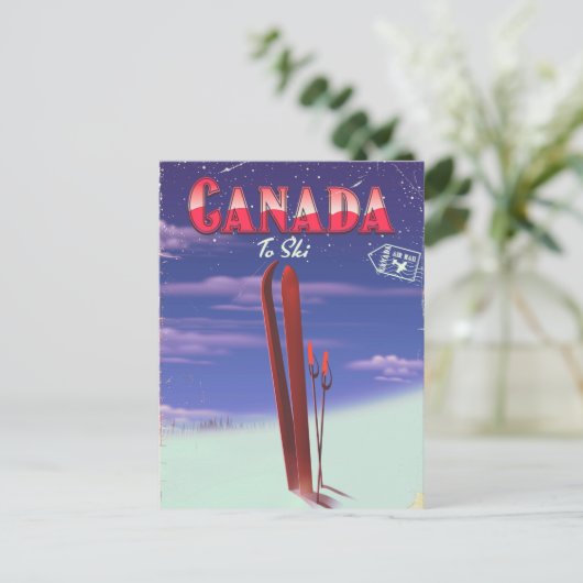 Canada Air mail naar ski briefkaart illustratie. (Staand voorkant)
