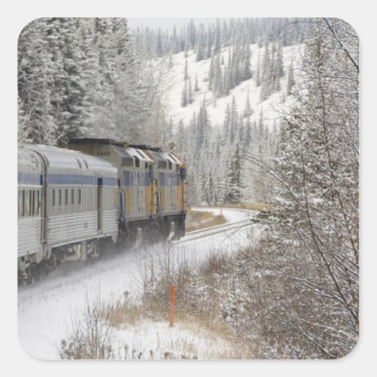 Canada, Alberta. Sneeuwtrein VIA Rail tussen Vierkante Sticker (Voorkant)