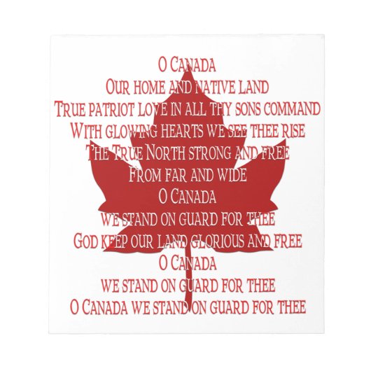 Canada Anthem Souvenir Notepad Canada - cadeaus Notitieblok (Voorkant)