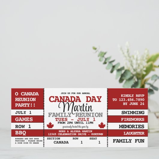 Canada Dag Familie Reünie Viering Ticket Kaart (Staand voorkant)