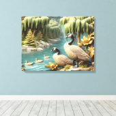 Canada Ganzen te midden van de Huilende Wilgen 24x Canvas Afdruk (Insitu (Houten vloer))