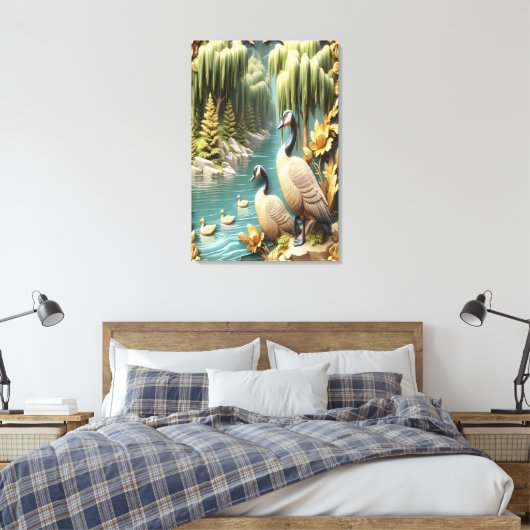 Canada Ganzen te midden van de Huilende Wilgen 24x Canvas Afdruk (Insitu (Slaapkamer))