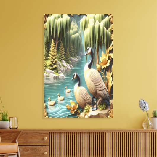 Canada Ganzen te midden van de Huilende Wilgen 24x Canvas Afdruk (Insitu (Woonkamer))