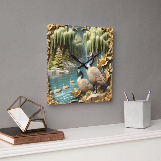 Canada Ganzen te midden van de Huilende Wilgen Vierkante Klok (Kantoor)