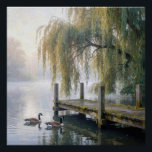 Canada Geese on a Misty Lake with a Dock Perfect Poster<br><div class="desc">A tranquil lake features a rustic wooden dock beneath elegant willow branches in the mist,  while two Canada geese glide across the still water,  creating gentle ripples behind them</div>