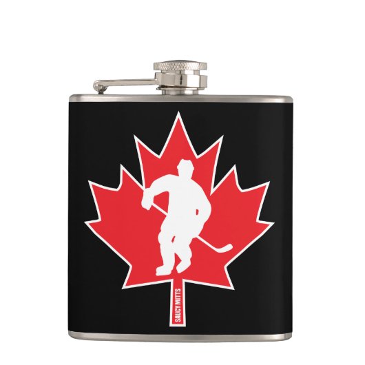 Canada Hockey Maple Leaf Player rood op zwart Heupfles (Voorkant)