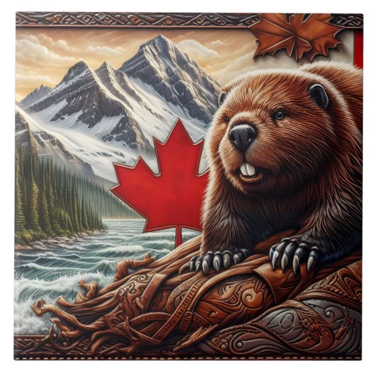 Canadees landschap met bever en esdoornblad tegeltje (Voorkant)