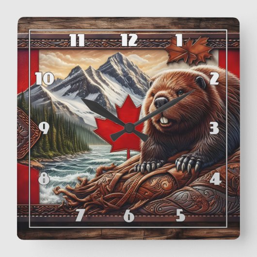 Canadees landschap met bever en esdoornblad vierkante klok (Voorkant)