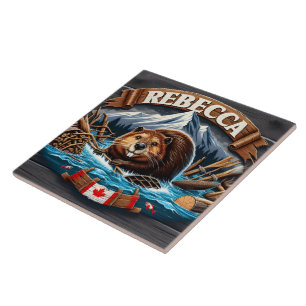 Canadese bever, besneeuwde berg tegeltje