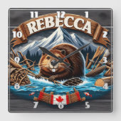 Canadese bever, besneeuwde berg vierkante klok (Voorkant)