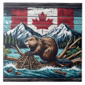 Canadese bever bij de vlag en de bergen tegeltje (Voorkant)