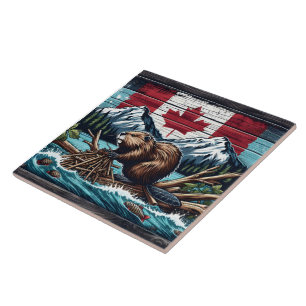 Canadese bever bij de vlag en de bergen tegeltje