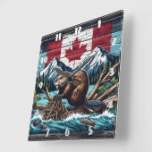 Canadese bever bij de vlag en de bergen vierkante klok (Hoek)