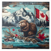 Canadese bever bij het meer met bergachtige achter tegeltje (Voorkant)
