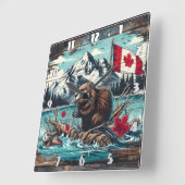 Canadese bever bij het meer met bergachtige achter vierkante klok (Hoek)