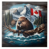 Canadese Bever bij Lake With Mountains en Flag Tegeltje (Voorkant)