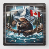 Canadese Bever bij Lake With Mountains en Flag Vierkante Klok (Voorkant)