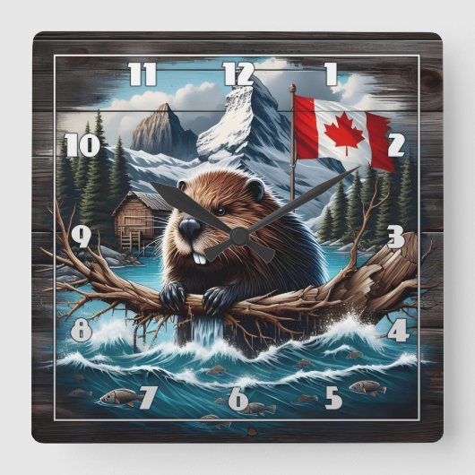 Canadese Bever bij Lake With Mountains en Flag Vierkante Klok (Voorkant)